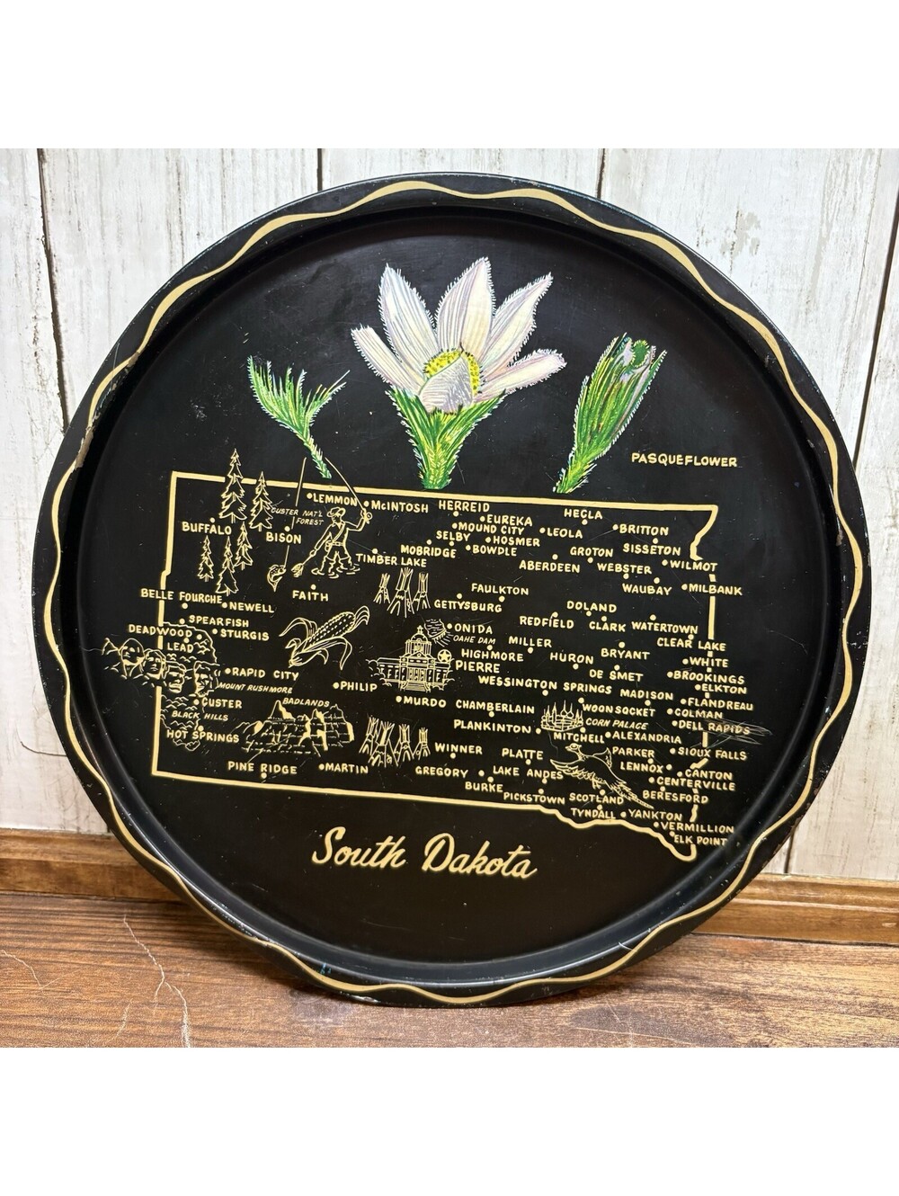 Vintage 1960s Metal Tray South Dakota State Map Cities Attractions Pasqueflower